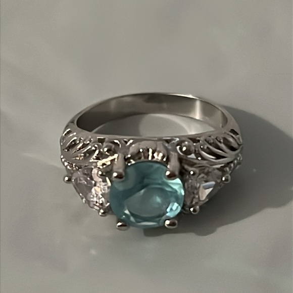 Elegant Art Deco Sterling Silver Aquamarine & White Sapphire Gemstone Ring - Picture 8 of 13